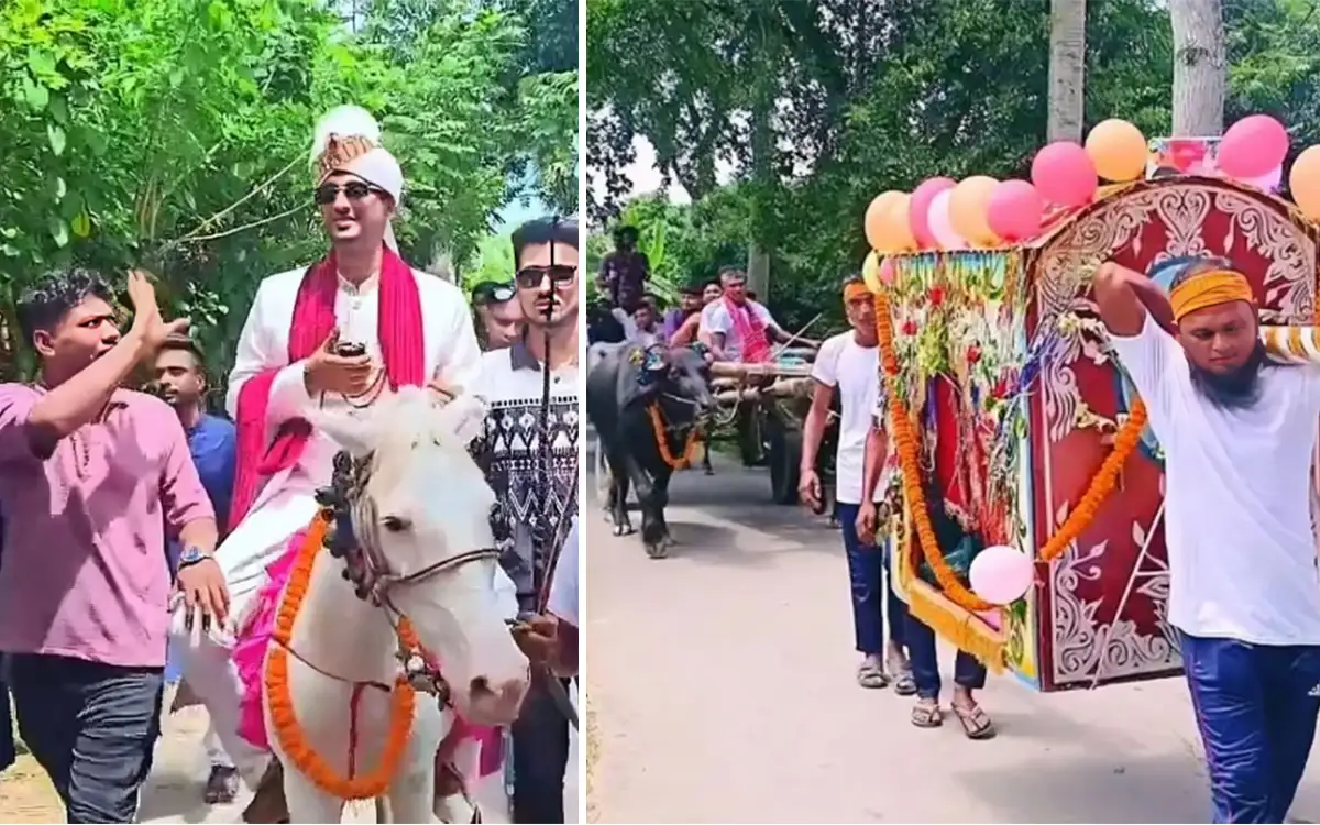 ঘোড়ায় চড়ে বর, পালকিতে কনে, গরু-মহিষের গাড়িতে বরযাত্রী