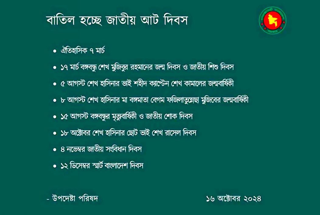 ১৫ আগস্টসহ জাতীয় ৮টি দিবস বাতিলের সিদ্ধান্ত