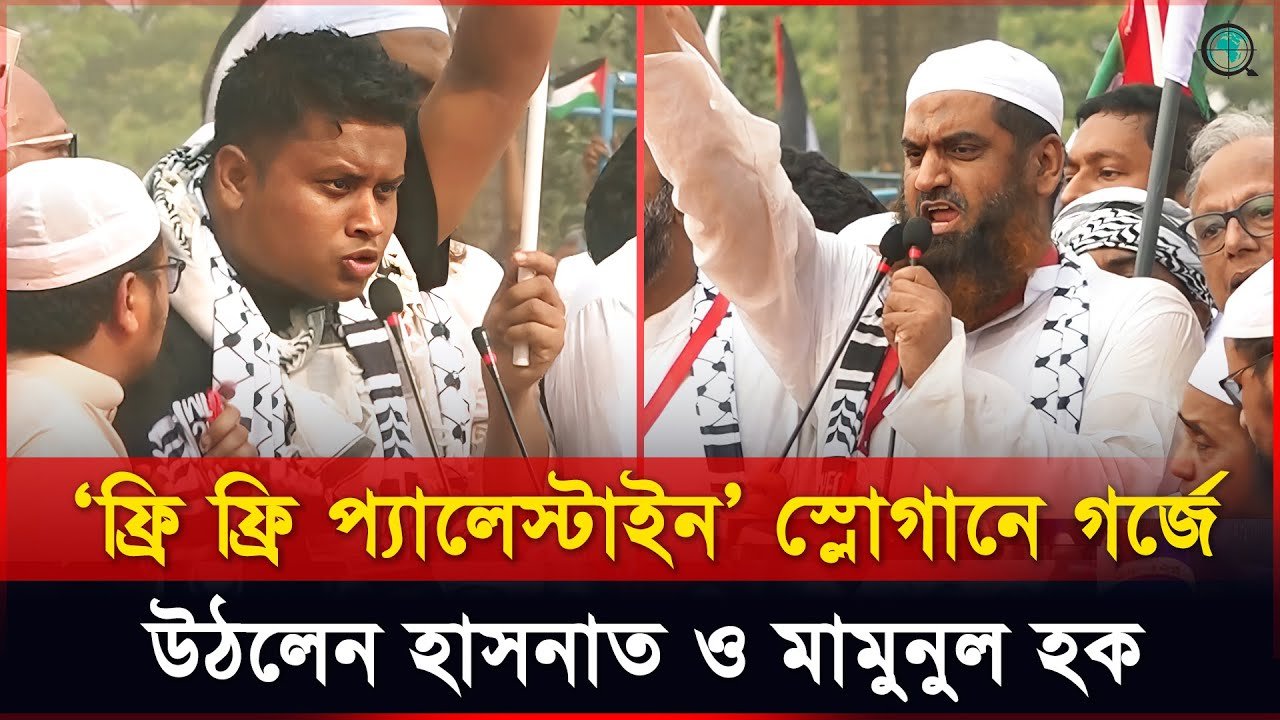 ‘ফ্রি ফ্রি প্যালেস্টাইন’ স্লোগানে গর্জে উঠলেন হাসনাত ও মামুনুল হক