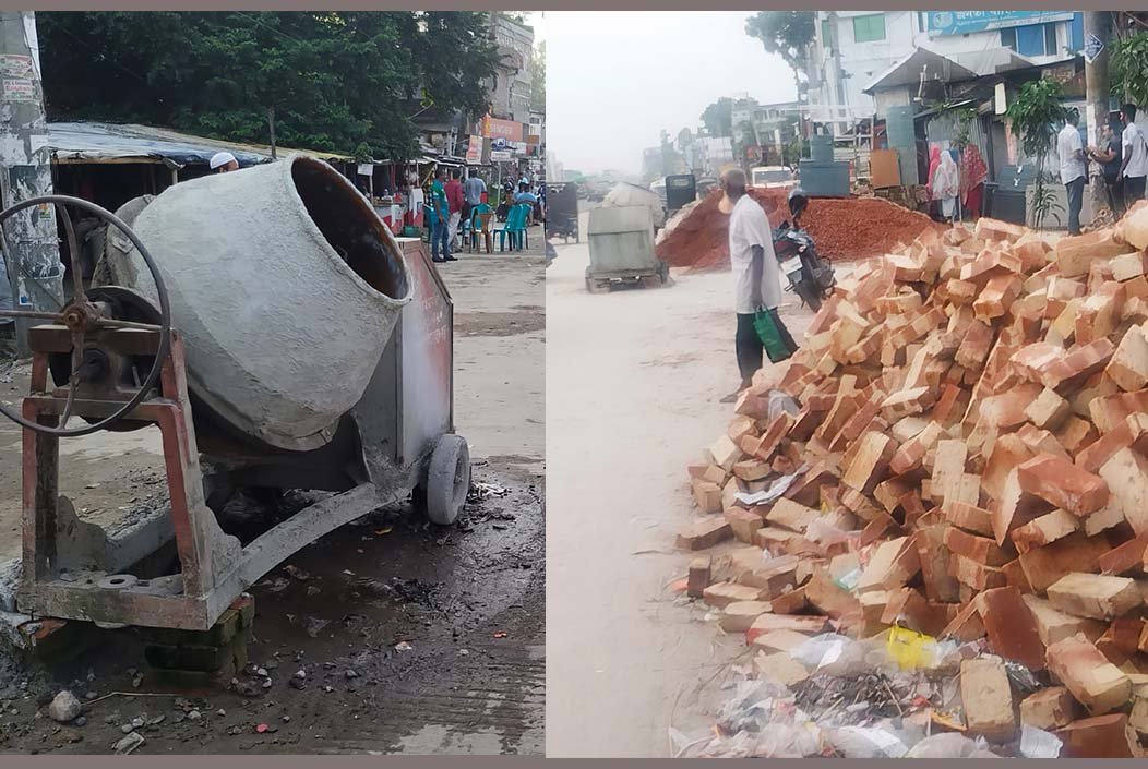 বগুড়ার শেরপুর মহাসড়কে নির্মাণ সামগ্রীর স্তুপে চাপা পড়ছে নিরাপত্তা