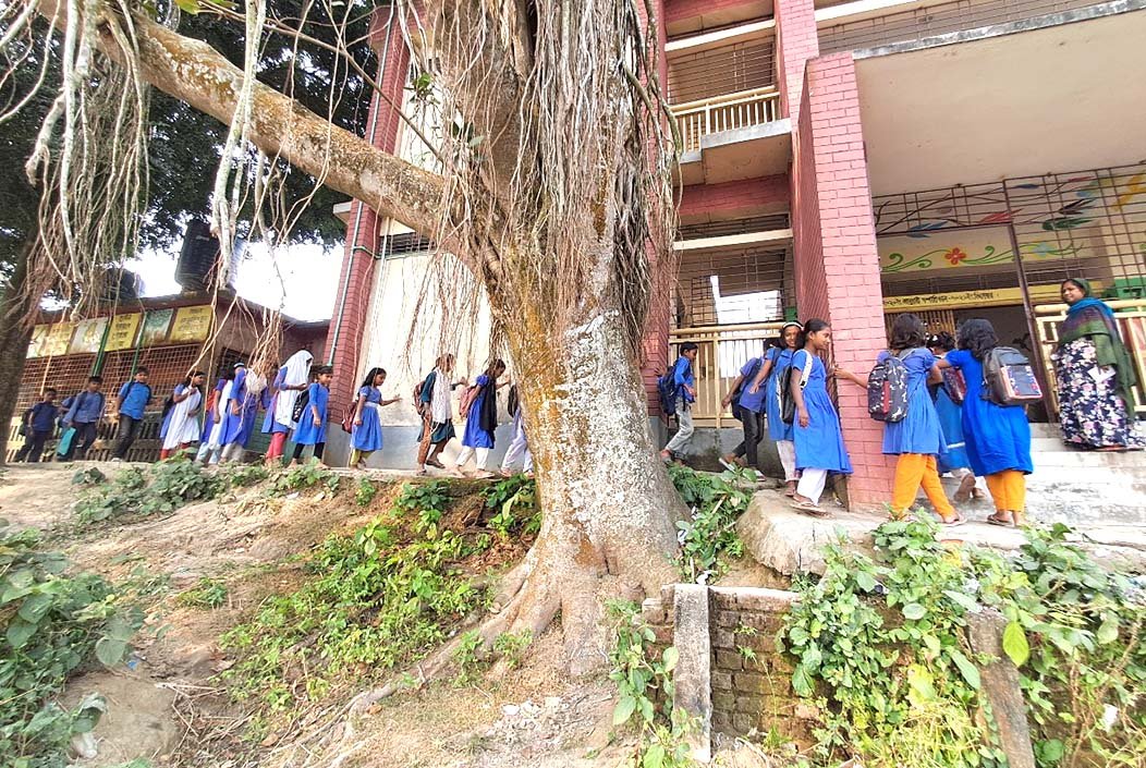পুকুরপাড়ে ধসে পড়ার ঝুঁকিতে শেরপুরের হুসনাবাদ স্কুলের শিক্ষার্থীরা