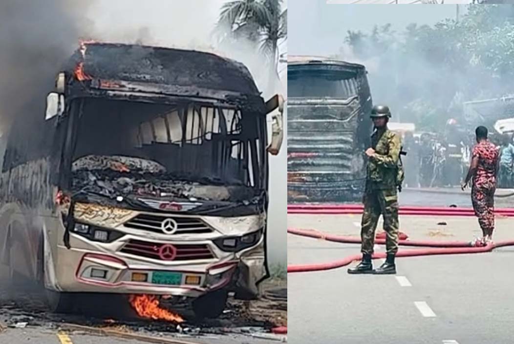 শেরপুরে বাসচাপায় সাবেক সেনাসদস্য নিহত, বাসে আগুন দিল বিক্ষুব্ধ জনতা