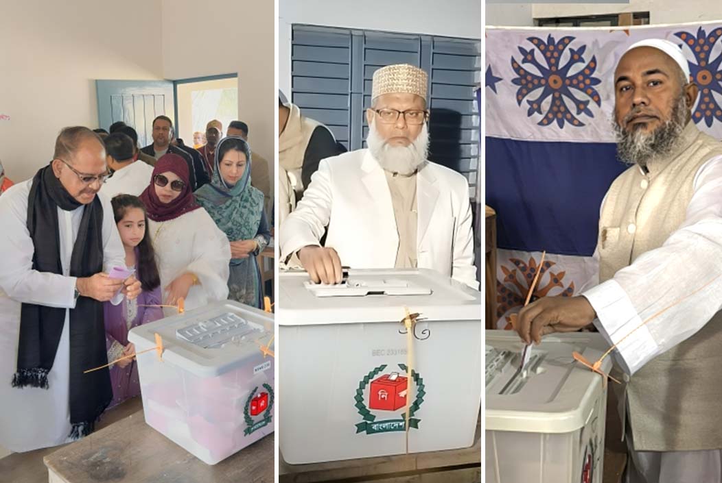 বগুড়া-৫ আসনের নির্বাচনে নিজ নিজ কেন্দ্রে ভোটাধিকার প্রয়োগ করছেন (বাম থেকে) বিএনপি মনোনীত প্রার্থী গোলাম মোহাম্মদ সিরাজ, জামায়াতে ইসলামীর মাওলানা মো: দবিবুর রহমান এবং ইসলামী আন্দোলন বাংলাদেশের মীর মাহমুদুর রহমান চুন্নু। ছবি: সংগৃহীত। Voting in Sherpur in festive atmosphere 49 percent voting completed till noon Onnetion