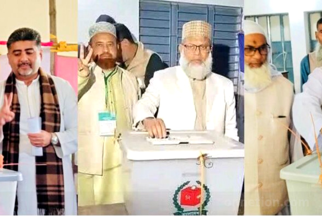 বগুড়া-৫ আসনের নির্বাচনে নিজ নিজ কেন্দ্রে ভোটাধিকার প্রয়োগ করছেন (বাম থেকে) বিএনপি মনোনীত প্রার্থী গোলাম মোহাম্মদ সিরাজ, জামায়াতে ইসলামীর মাওলানা মো: দবিবুর রহমান এবং ইসলামী আন্দোলন বাংলাদেশের মীর মাহমুদুর রহমান চুন্নু। ছবি: সংগৃহীত।