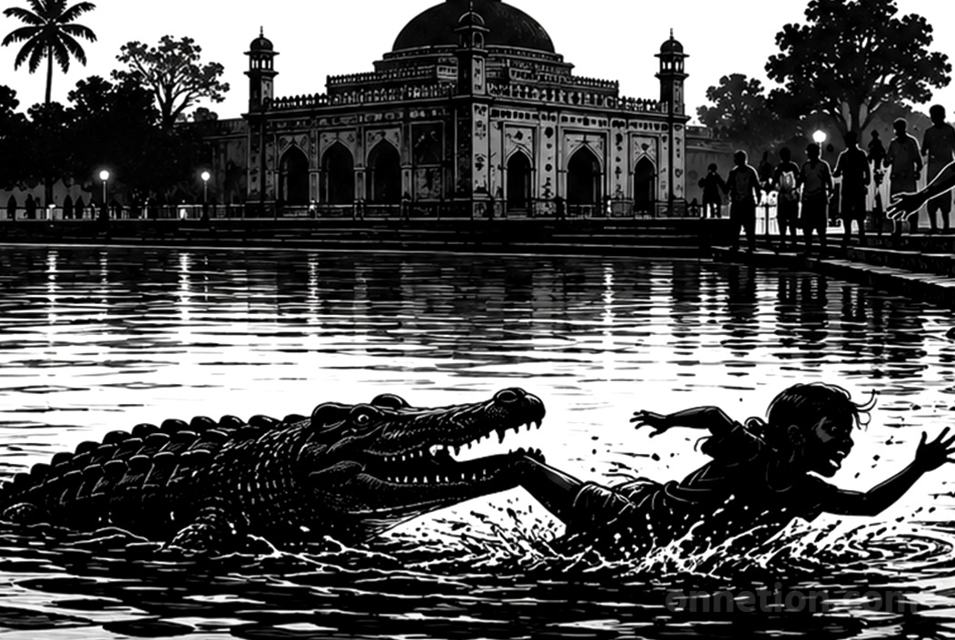 সোমবার রাত সাড়ে ৮টার দিকে মাজার সংলগ্ন দিঘির মহিলা ঘাটে গোসল করতে নামলে কুমির ফাতেমা নামের আট বছর বয়সী এক শিশুকে কামড়ে ধরে গভীর পানির নিচে টেনে নিয়ে যায়|ছবি: প্রতীকি।